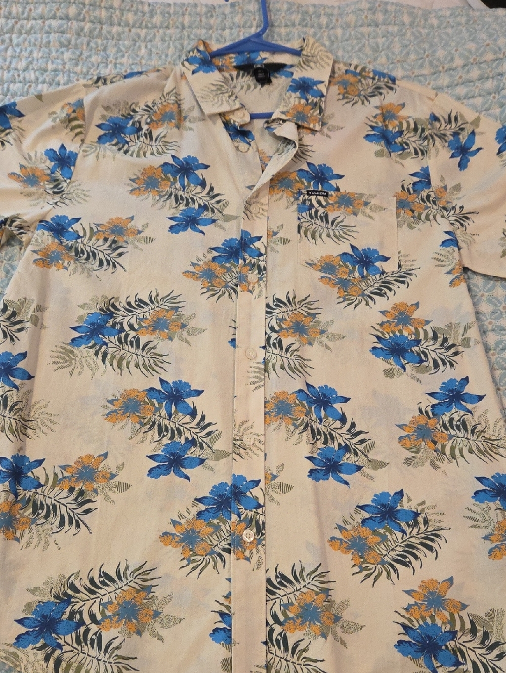 Volcom Cream Button-Down Shirt with Blue Floral Print